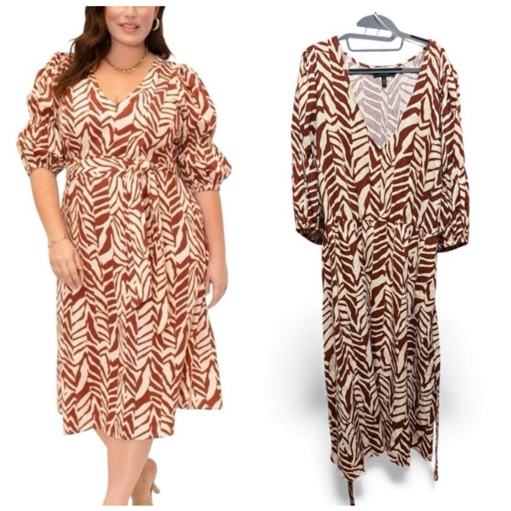 Eloquii Brown and Cream Linen Zebra Print Midi Dress Size 24